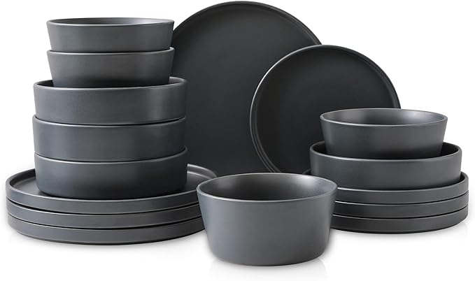 Stone Lain Celina Stoneware 16-Piece Dinnerware Set, Cereal and Dinner Bowls, Grey
