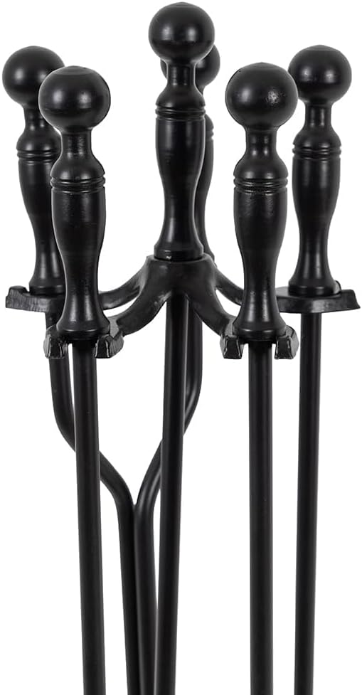 Modern Ember Cascade 5 Piece Fireplace Tool Set in Black | Includes Brush, Shovel, Fire Poker, Tongs, and Stand | Heavy Guage, Coated Steel | Heat-Resistant Plating | Sleek Rounded Handles