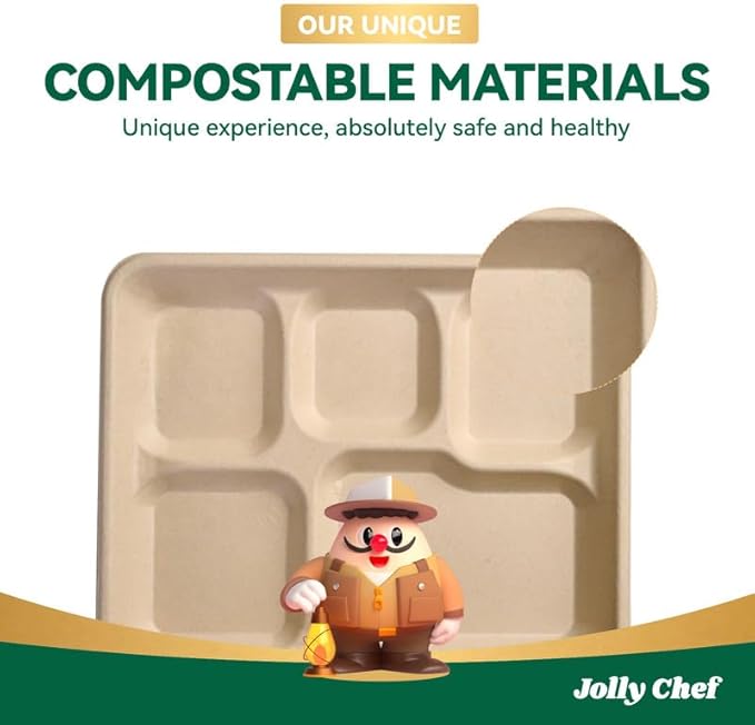 JOLLY CHEF Compostable 5 Compartment Paper Plates 10 * 8.25 * 1 inch 125 Pack Small Disposable Eco-Friendly Biodegradable Food Trays for Primary and Secondary School Students’ Lunch (Brown)