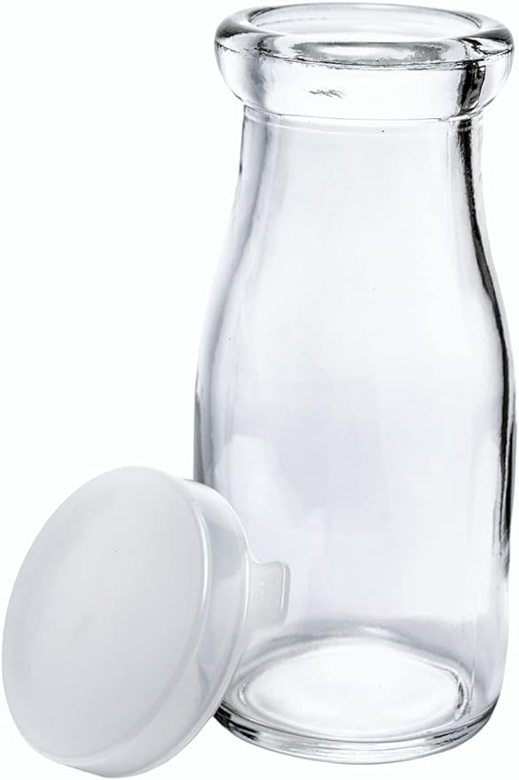 The Dairy Shoppe Glass Milk Bottle, Heavy Glass with Extra Lids, Creamery Style (4, Half Pint Decanter)