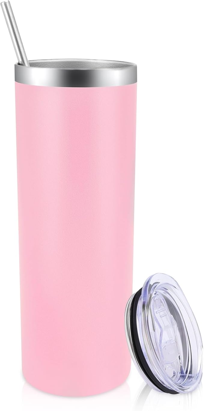 Volhoply 20 oz Skinny Tumbler with Lid and Straw, Stainless Steel Straight Tumblers Cup, Vacuum Insulated Coffee Mug for Home, Office, Travel, DIY (Pink,1 Pack)