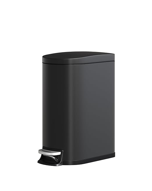 2.6 Gallon Bathroom Trash Can with Lid, Slim Step Pedal Garbage Bin, Stainless Steel Wastebasket with Soft-Close Lid, Removable Inner Bucket & Rear Handle for Bathroom, Office & Small Spaces-Black
