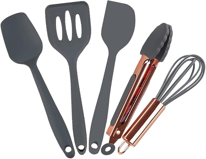 Collfa Rose Gold And Grey Mini Kitchen Utensil Small Five-Piece Set Tiny Silicone Kids Kitchen Tools Whisk Spatula Tongs Spoon And Slotted Spatula For Cooking(Kids Baking Supplies) Grey
