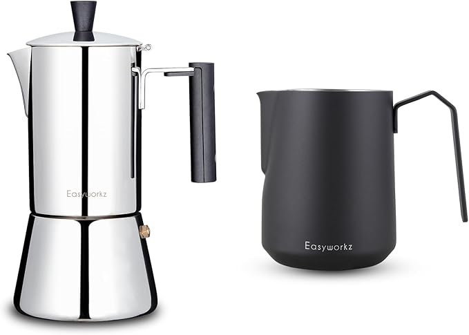 Easyworkz Pedro Stovetop Espresso Maker 4Cup 200ml, Bundled Espresso Steaming Pitcher Stainless Steel 20 oz Coffee Frothing Picther Milk Jug Cappuccino Latte Art Cup, Black