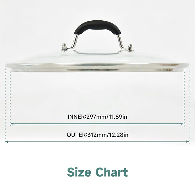 12 IN Glass Lid with Black Handle for Frying Pan, Tempered Replacement Cover Compatible for Skillets, Round Cast Iron, Cast Aluminium, Stainless Steel Pans & Pots (297mm-312mm)