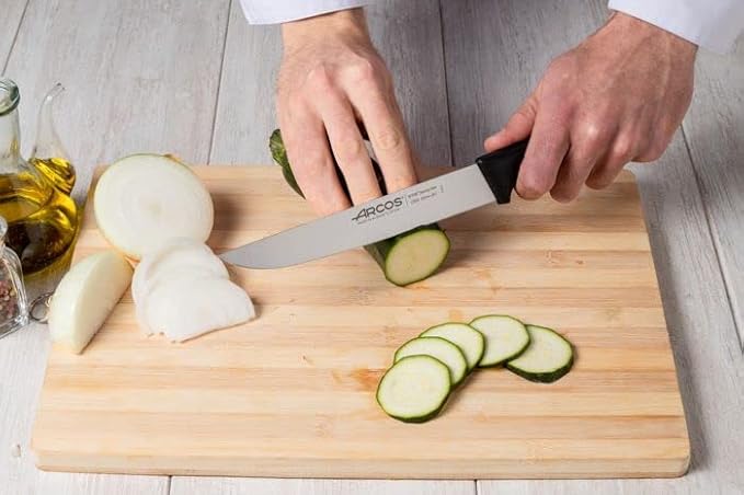 Arcos Kitchen Knife 8 Inch. Nitrum Stainless Steel Blade and Black Polypropylene Handle - Lightweight and Durable for Everyday Use. Niza Series