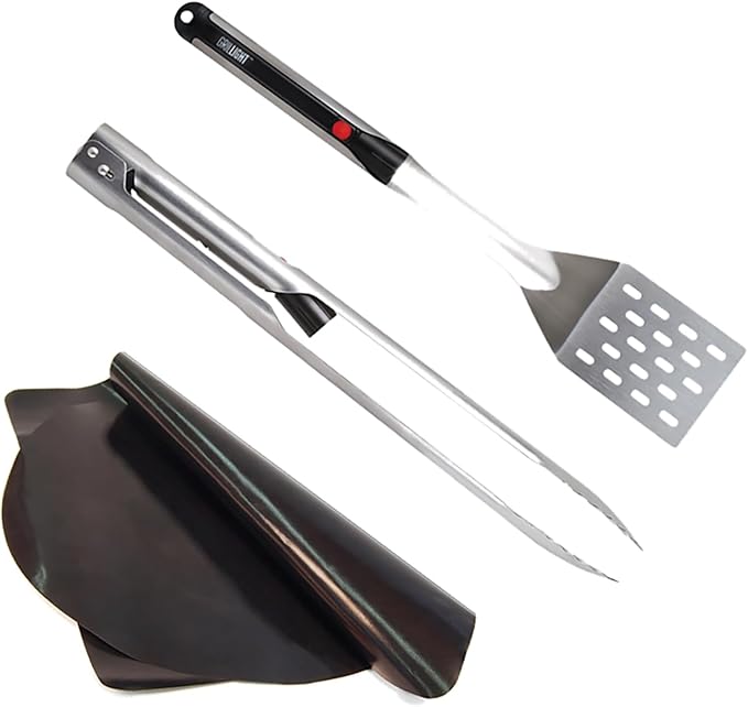 Grillight Grilling Essential Combo Gift Set: LED Light Spatula, Tongs & Bonus GrillMat | Restaurant Grade Stainless Steel Tools w/ Built-In LED Flashlight | Turn Grill into Griddle | Grill in the Dark