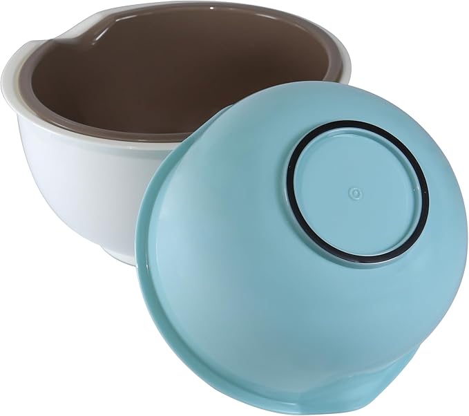 Set of 3 Mixing Bowls with Pour Spout-Nesting Design Saves Space - Non-Slip, BPA Free, Dishwasher Safe Plastic - Kitchen Cooking and Baking Supplies (Blue Grey white)
