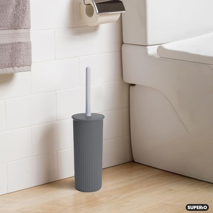 Decorative Plastic Toilet Bowl Brush and Holder Set, Grey (2 Pack) Cleaner Scrubber for Bathroom - Ribbed Design