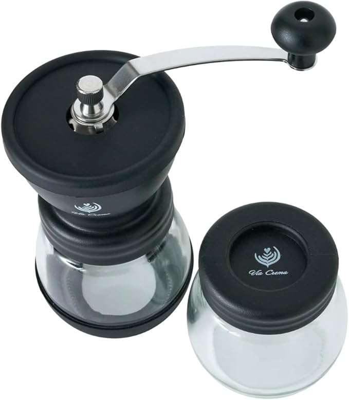 VIA CREMA Manual Coffee Grinder with Ceramic Burr and Glass Container for Espresso Beans