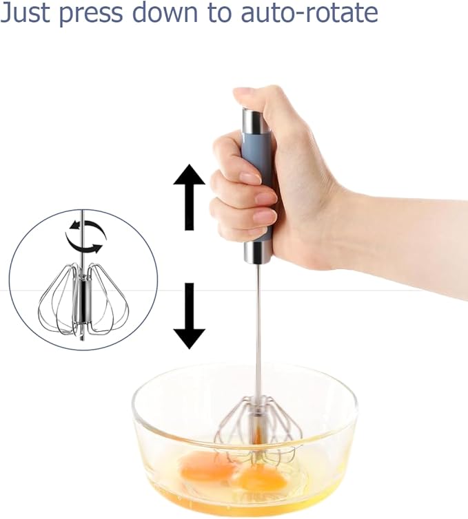 2 Pack Semi Automatic Whisk, Stainless Steel Mini Hand Push Whisks for Cooking, Easy to Use Egg Beater Tool for Cooking, Whisking, Beating, Stirring