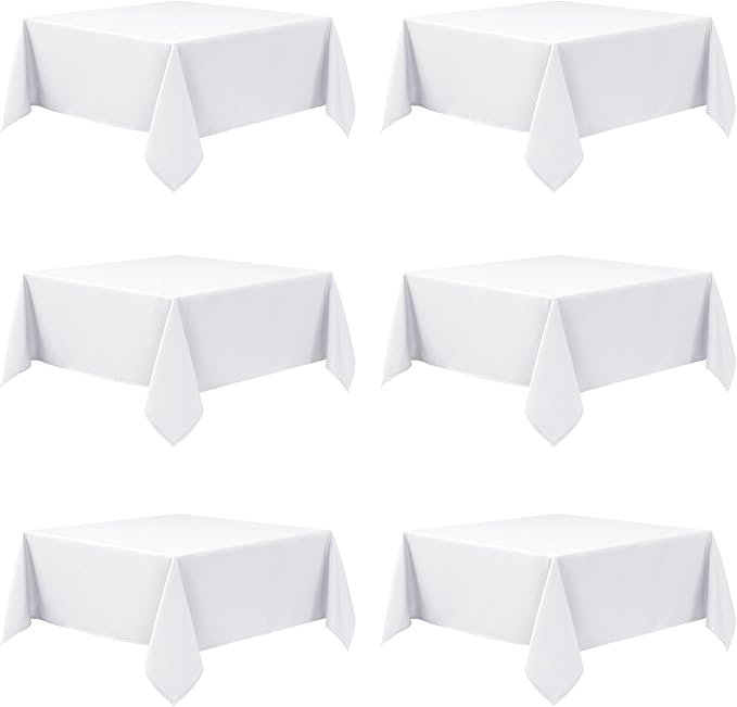 6-Pack White Tablecloths for Square Tables, 54 x 54 Inches, Stain-Resistant Polyester Fabric for 2 Foot Tables - Washable Table Covers for Weddings, Banquets, Birthday Parties, Events