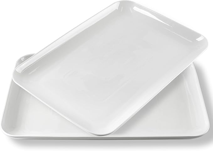 DELLING 18 Inch Large Serving Platter Set of 2, White Porcelain Serving Trays 18" x 12.3", Rectangular Platters for Turkey Fruit Appetizer Party, Oven Microwave Dishwasher Safe, Wedding Entertaining