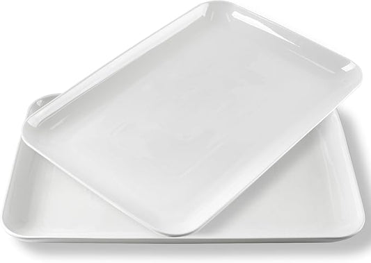 DELLING 18 Inch Large Serving Platter Set of 2, White Porcelain Serving Trays 18" x 12.3", Rectangular Platters for Turkey Fruit Appetizer Party, Oven Microwave Dishwasher Safe, Wedding Entertaining