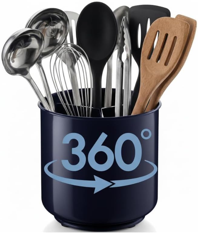 Cooler Kitchen Jumbo Plastic Rotating Extra Large Utensil Holder Crock with No-Tip Weighted Base, Removable Divider, and Gripped Insert - Kitchen Utensil Holder for Kitchen Counter: Blue Utensil Caddy