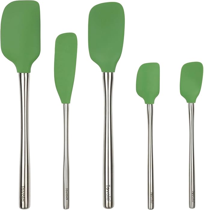 Tovolo Stainless Steel Handled Silicone Spatula Set of 5 Oyster Gray, Dishwasher Safe Kitchen Spatula Set for Cooking Baking, Non Toxic BPA Free Silicone Spatula set with Metal Steel Handle