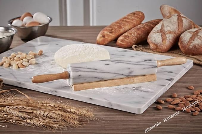 JEmarble Rolling Pin-Wooden Handles(White)(Premium Quality) Polished Surface 18-inch(10"Barrel) Genuine Stone Non-stick Save Effort Easy to Clean