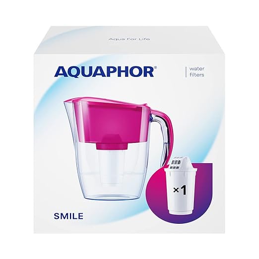 AQUAPHOR Smile Water Filter Jug - 2.9L, Fits Fridge Door, Student-Friendly | Lightweight, Space-Saving, Includes 1xA5 350L Filter with Added Magnesium, Reduces Limescale, Chlorine, Microplastics-Pink