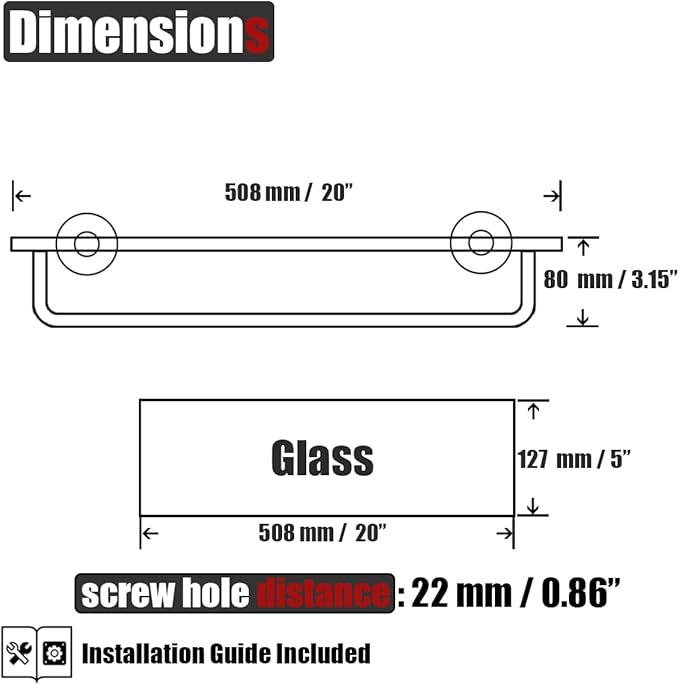 JQK Bathroom Glass Shelf, Shelf with 19 Inch Towel Bar Tempered Glass Shower Storage 20 by 5 inches, 304 Stainless Steel Brushed Gold Wall Mount, TGS100L20-BG