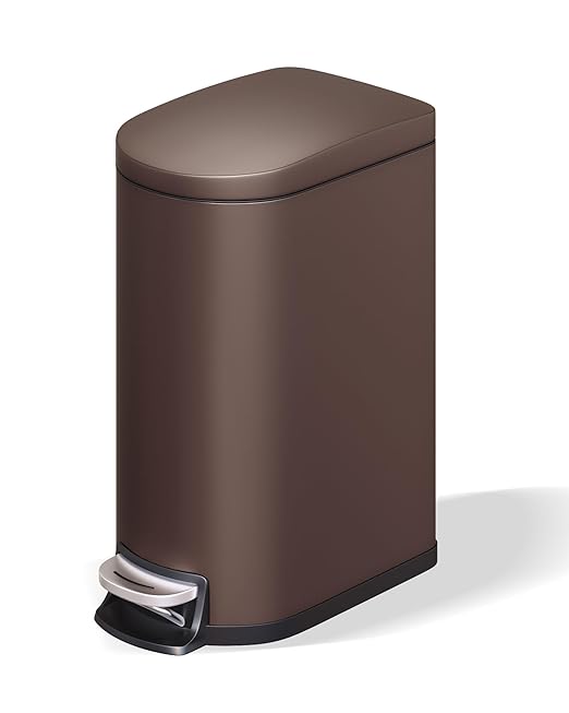 GarveeHome 2.6 Gallon Bathroom Trash Can, Space-Saving Slim Stainless Steel Step-On Garbage Bin with Soft Close Lid, Removable Inner Bucket for Bathroom & Bedroom,Brown