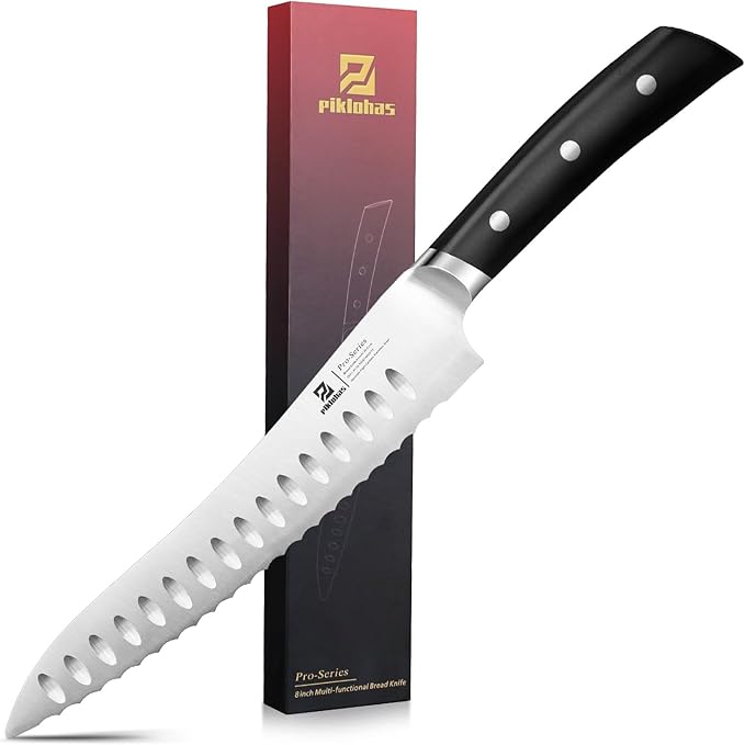 Piklohas Resharpenable Bread Knife for Homemade Bread, 8 Inch Serrated Sourdough Knife with Offset Handle, Innovative Wavy Edge for Clean Slices Crusty Bread, Bagels, Pineapple & Tomatoes, Gift Box