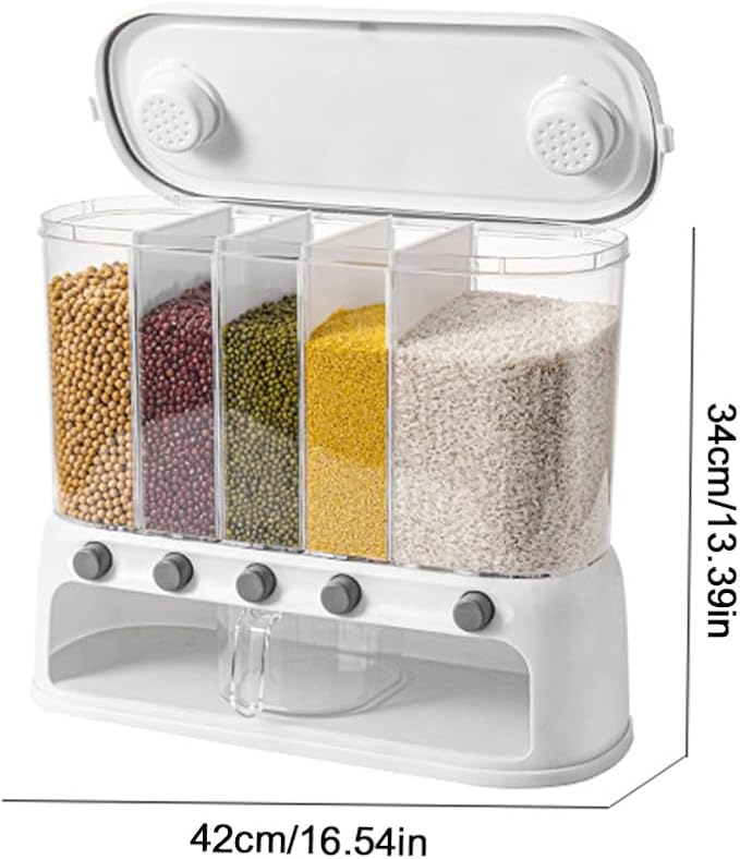 ETOYA Dry Food Dispenser, Wall mounted 5 Grid Cereal Dispenser,Rice dispenser 25 pounds Kitchen Storage with Measuring Cup for Kitchen, Pantry, Restaurant & Bulk Food