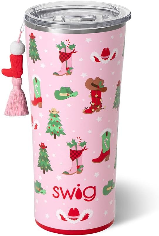 Swig Life 22oz Insulated Tumbler, Travel Coffee Tumbler with Lid, Cup Holder Friendly Travel Coffee Mug, Stainless Steel (Howdy Holidays)