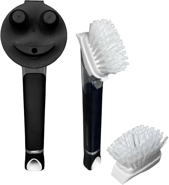 The Original Smiling Handle with Soap Dispensing for Scrub Daddy Sponges & Scrub Moji Sponges with Smilyeez Smile Caddy & Dishwand with 2 Scrub Brushes (Black)