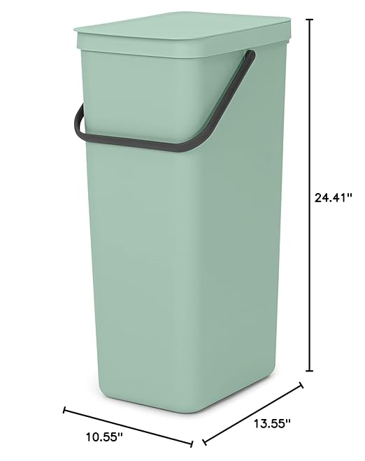 Brabantia Sort & Go Kitchen Recycling Bin | L / 10.6 Gal / 40L | Jade Green | Removable Stay-Open Lid, Carry Handle | Trash Can for Bottles, Cans, Paper, Glass | Wall Bracket Sold Separately