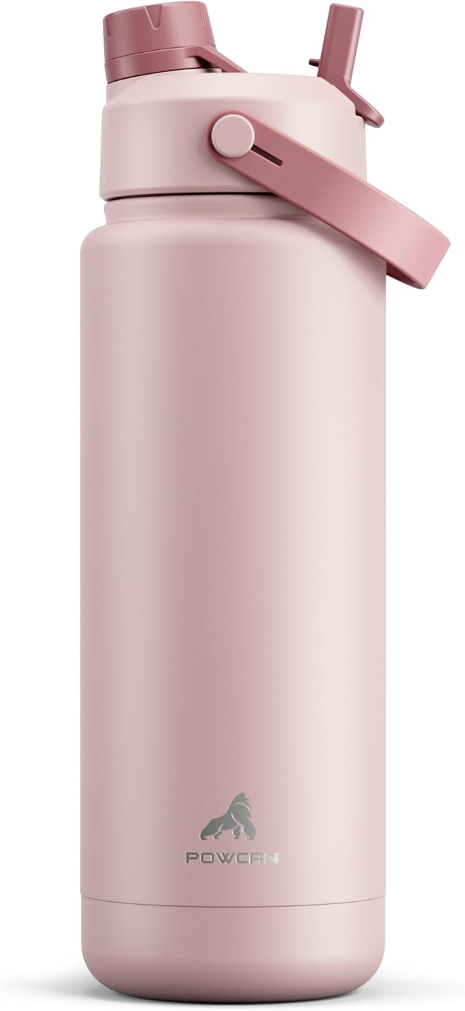 POWCAN 32 oz Insulated Water Bottle with 2-in-1 Straw and Spout Lid, Keep Cold 24H, Leak-Proof, BPA-Free, Double Wall Stainless Steel Water Bottle for Sports, Gym, Travel, and School (Dried Rose)