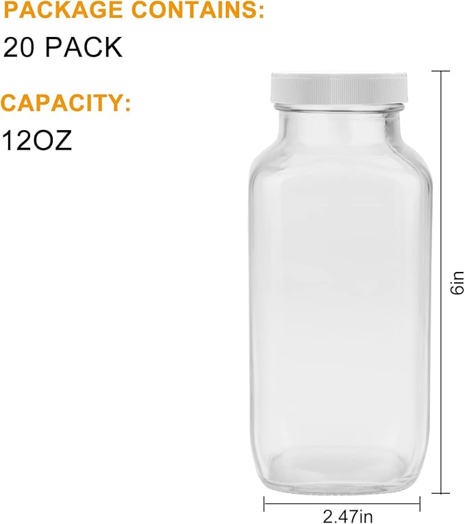 Encheng Glass Bottles 12 oz,Airtight Glass Beverage Bottles with Lids,Clear Vintage Drinking Jars 350ml,Juicing Bottle for Storage Tea,Kombucha,Milk,Smoothies,20 Pack