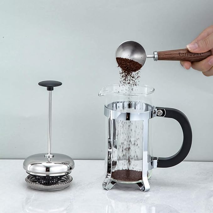 Easyworkz Nando French Press 34 oz Double Wall, Bundled with Retro Stainless Steel 10g Measuring Coffee Spoon, Silver