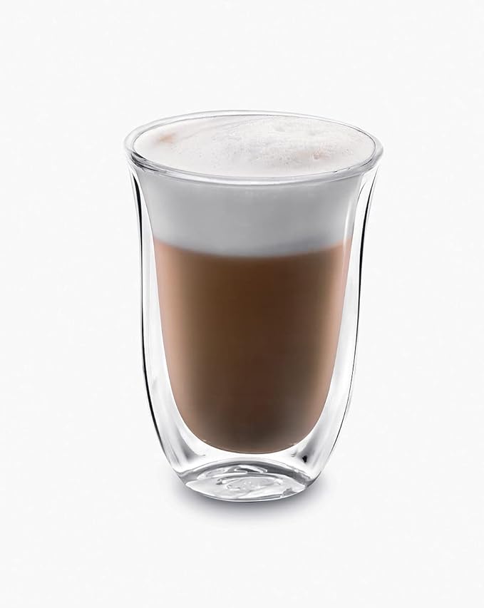 De'Longhi Stainless Steel Milk Frothing Pitcher, 12 ounce (350 ml), 12 oz & DeLonghi Double Walled Thermo Latte Glasses, Set of 2, 2 Count (Pack of 1), Clear