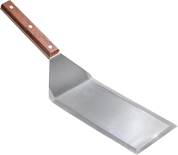 Professional Stainless Steel Extra Long Griddle Spatula with Wood Handle for Skillets,Thick Steel Blade Griddles & Pancake Flipper for Burgers, Omelet, and Versatile for Culinary Task, 8 x 4 inches