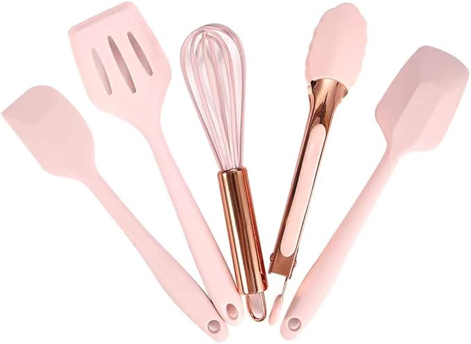 Collfa Rose Gold And Pink Kitchen Utensil Small Five-Piece Set Mini Silicone Kids Kitchen Tools Whisk Spatula Tongs Spoon And Slotted Spatula(Kids Baking Supplies)