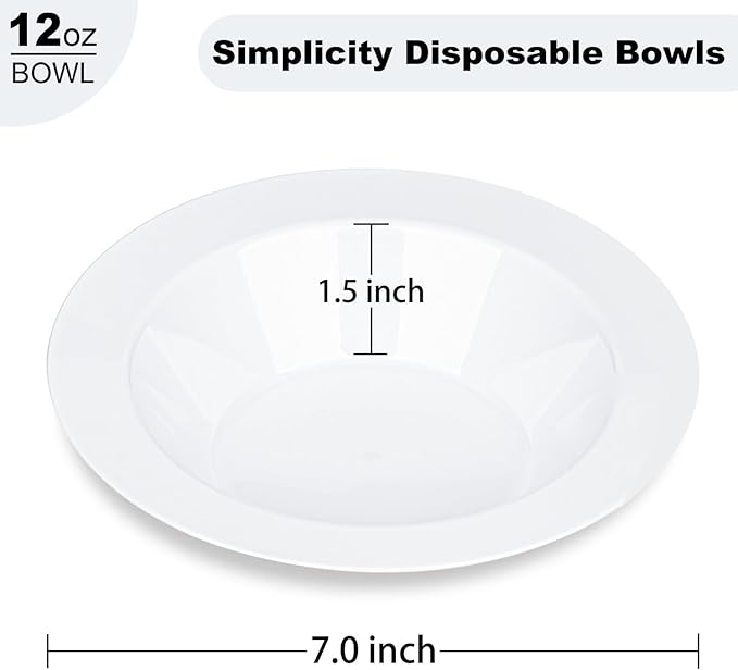 BESTVIP 50Pcs Plastic White Bowls, 12 Oz Disposable Bowls Disposable Bowls for Parties, Wedding, Christmas, Thanksgiving, Soak Proof Bowls for Breakfast, Lunch, and Dinner Meals