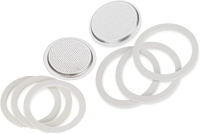 Bialetti Moka Express #06799 3-Cup Espresso Maker Machine and #06960 Bialetti, Six Replacement Gaskets and Two Bialetti Replacement Filter Plates Bundle