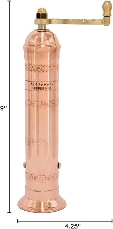 Alexander Home The Original Greek Pepper Mill 9 Inch Tall | European Pepper Mill Grinder with Crank Handle | Manual Pepper Grinder | Peppercorns Refillable - Copper…