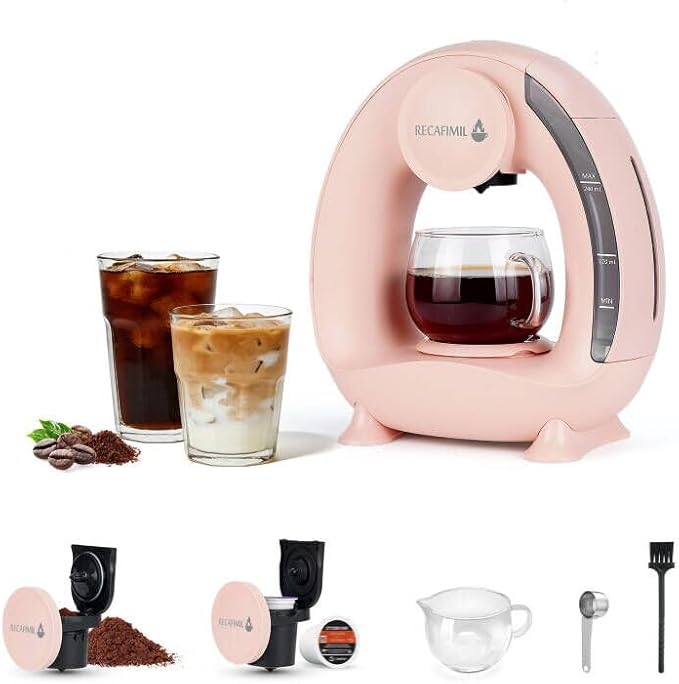 Single Serve Coffee Maker For K Cup Pod and Coffee Grounds /Tea, Fast Brew in 2 minutes, 2 IN 1 One Button Coffee Machine 4-8 Oz Brew Sizes, Stylish＆Compact For Home, Office, RV and Dorm, Pink