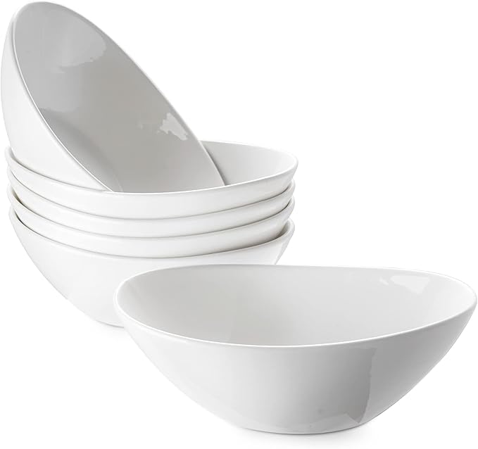 DOWAN White Cereal bowls, 16 Ounces Ceramic Dessert Bowls Set of 6, Oval Ice Cream Bowls for Cereal Snack Dessert Pasta and Side Dish, Microwave & Dishwasher Safe, Good Size for Garden Tea Parties