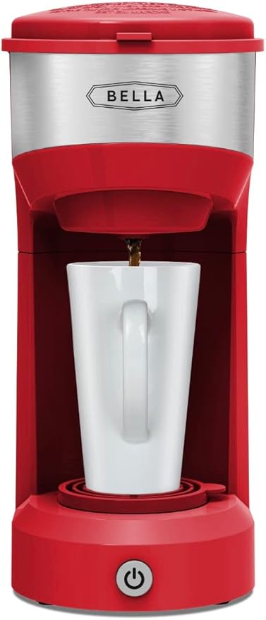 BELLA Dual Brew Single Serve Coffee Maker, Brews both Kcup and Ground Coffee, Large 14oz Capacity, Easy One Touch, Auto Shutoff, Red