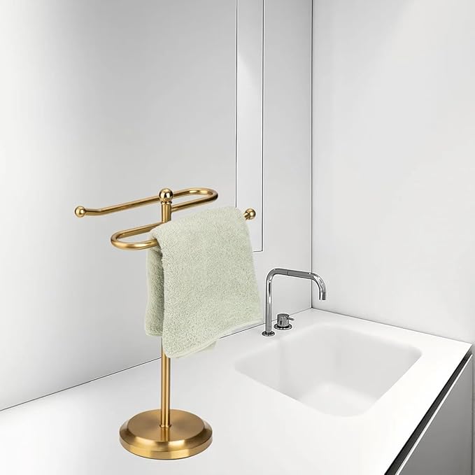 J&V TEXTILES Classical Steel Towel Rack Holder Stand with 2 Hanging Rings for Bathroom Vanity Countertops - Space Saving Hand Towel Holder (Aged Brass)
