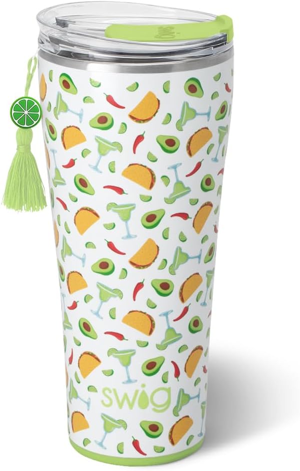 Swig Life 32oz Insulated Tumbler, Travel Coffee Tumbler with Lid, Cup Holder Friendly Travel Coffee Mug, Stainless Steel, 32 oz, Reusable Insulated Mug with Lid (Taco Night)