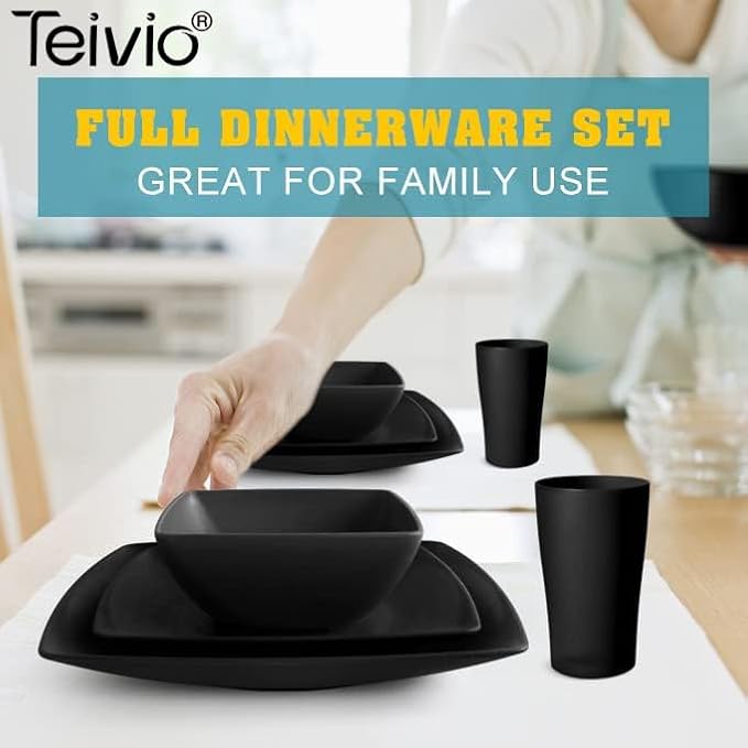 Teivio 32-piece Plastic Wheat Straw Square Dinnerware Set for 8, Unbreakable Dinner Plates, Salad Plates, Snack Bowls, Tumblers, Dishwasher Safe, Black