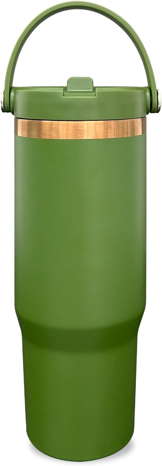 30 oz Tumbler with Handle and Straw, Vacuum Insulated Tumblers with Flip Straw and Top Handle, Leakproof Powder Coated Tumbler, Stainless Steel Travel Mug for Coffee Water (Army Green, 1 Pack)