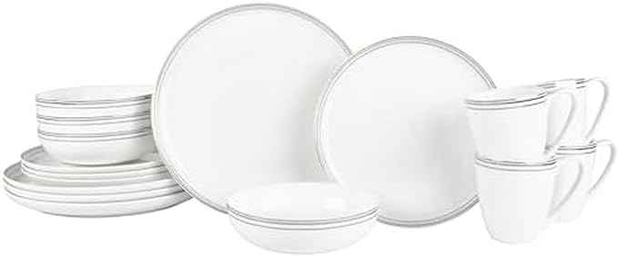 Everyday White by Fitz and Floyd Nevaeh Bone China Coupe Platinum Bands Dinnerware Set, Service for 4