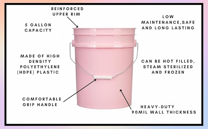 House Naturals Food Grade 5 Gallon Pink Bucket Container- Made in USA. Bucket only, no lid.