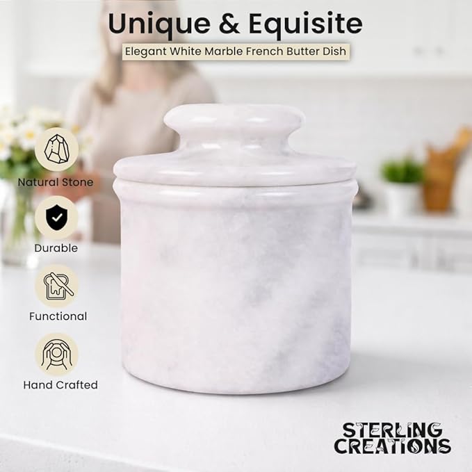 Handcrafted Round Marble Butter Keeper | Elegant White Marble French Butter Dish | Ideal Kitchen Storage for Soft Butter | Classic Breakfast Companion (Regular Size) (White Marble)