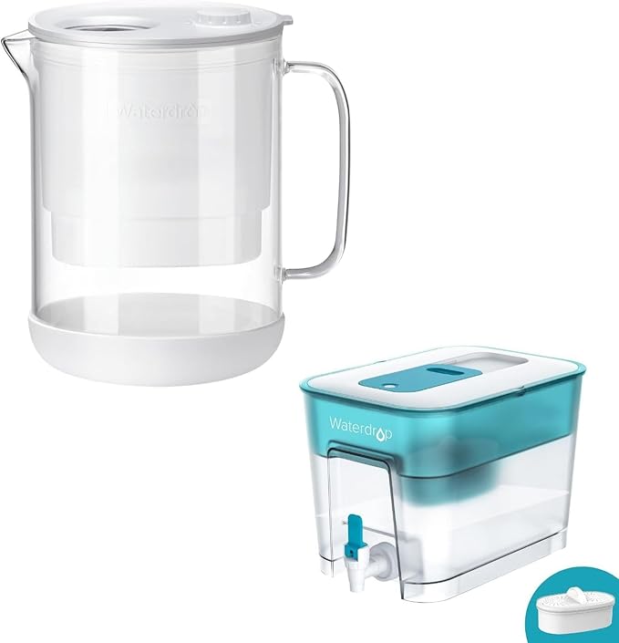 Waterdrop Glass Water Filter Pitcher with 1 Filter, Eco-Friendly, with NSF 53&42&372 Certified Filter, & Waterdrop 200-Gallon Long-Life 40-Cup Large Water Filter Dispenser with 1 Filter