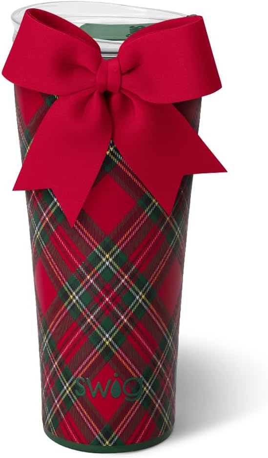 Swig Life 32oz Insulated Tumbler, Travel Coffee Tumbler with Lid, Cup Holder Friendly Travel Coffee Mug, Stainless Steel, 32 oz, Reusable Insulated Mug with Lid (Christmas Plaid)